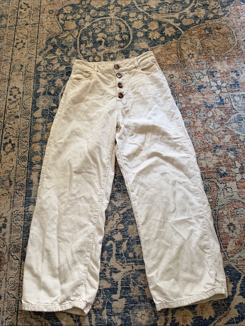 Zara Cream High-Rise Wide Leg Jeans with Button Front